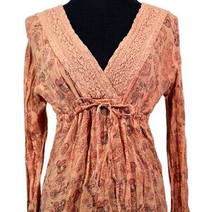 Y2K VTG Paisley Orange Lace Babydoll Top Sz M Boho Feminine